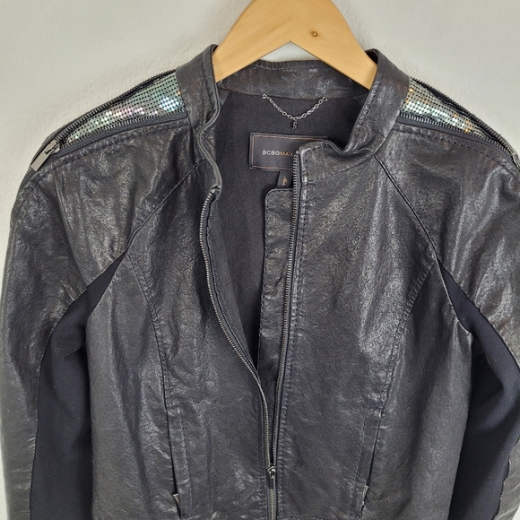 Bcbg black 100% leather moto sequin zipper jacket - Picture 9 of 16